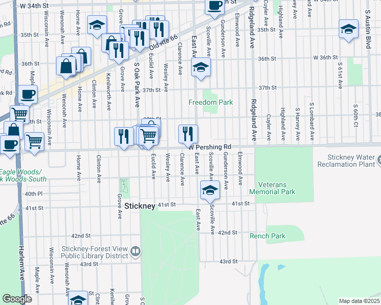map of restaurants, bars, coffee shops, grocery stores, and more near 6544 Pershing Road in Berwyn