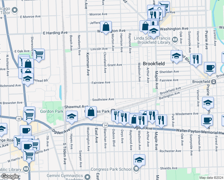 map of restaurants, bars, coffee shops, grocery stores, and more near 3810 Morton Avenue in Brookfield