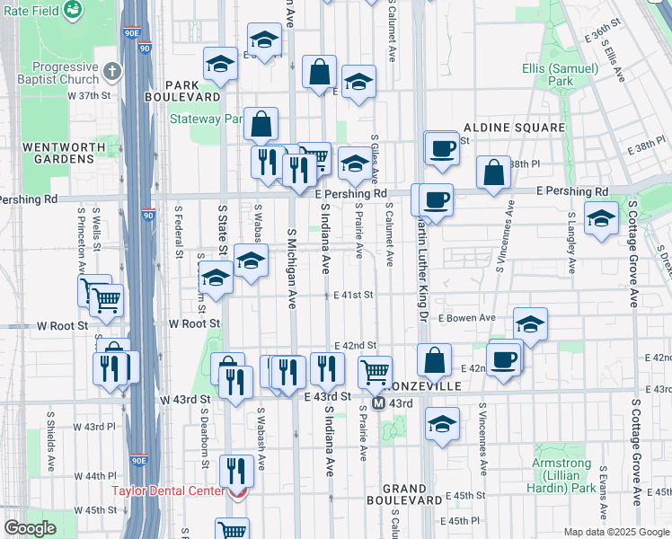 map of restaurants, bars, coffee shops, grocery stores, and more near 4015 South Indiana Avenue in Chicago