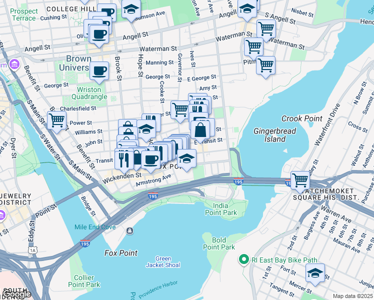 map of restaurants, bars, coffee shops, grocery stores, and more near 44 Governor Street in Providence