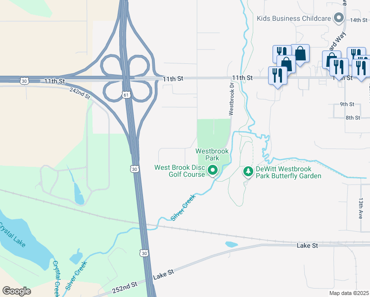 map of restaurants, bars, coffee shops, grocery stores, and more near 200 Silver Creek Road in DeWitt