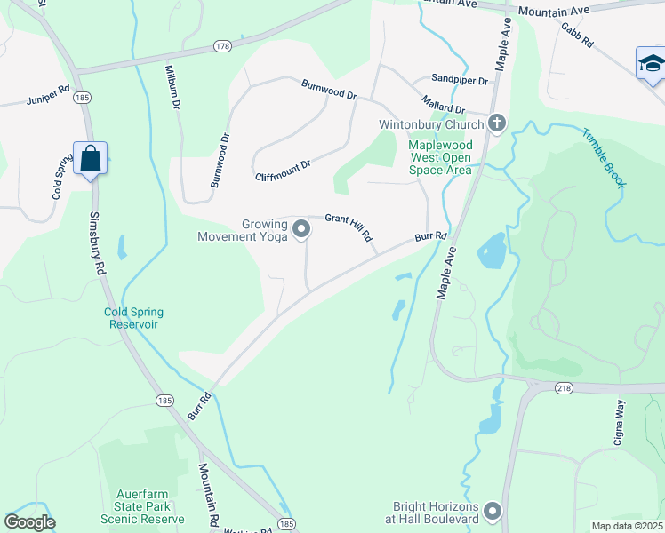 map of restaurants, bars, coffee shops, grocery stores, and more near 44 Burr Road in Bloomfield
