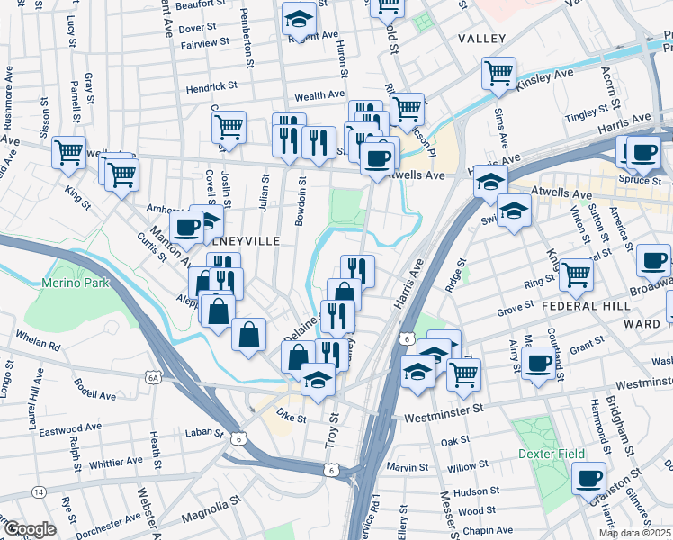 map of restaurants, bars, coffee shops, grocery stores, and more near 166 Valley Street in Providence