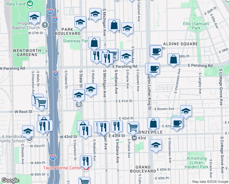 map of restaurants, bars, coffee shops, grocery stores, and more near 4042 South Indiana Avenue in Chicago