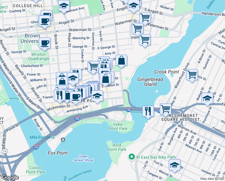 map of restaurants, bars, coffee shops, grocery stores, and more near 52 Trenton Street in Providence