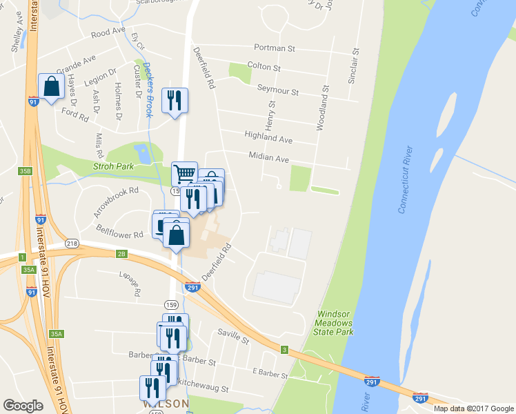 map of restaurants, bars, coffee shops, grocery stores, and more near 148 Deerfield Road in Windsor