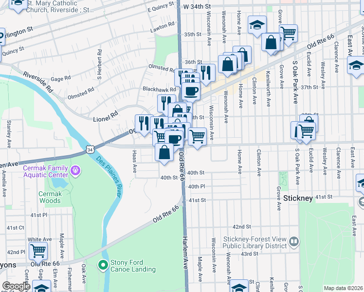 map of restaurants, bars, coffee shops, grocery stores, and more near W Pershing Rd & Harlem Ave in Berwyn