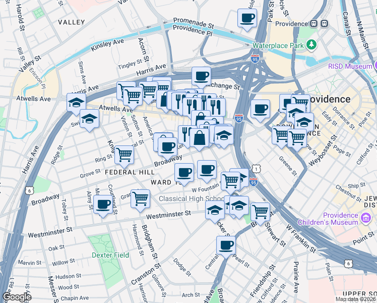 map of restaurants, bars, coffee shops, grocery stores, and more near 205 Broadway in Providence