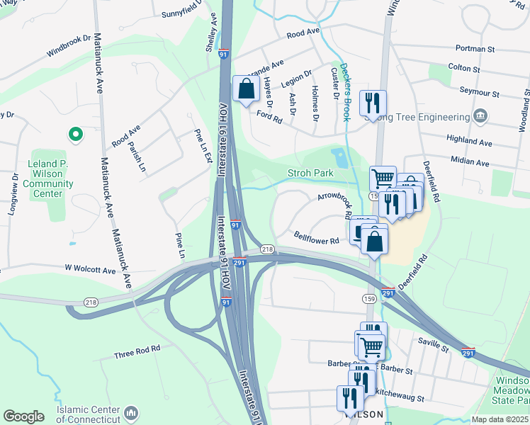 map of restaurants, bars, coffee shops, grocery stores, and more near 63 Briarwood Drive in Windsor