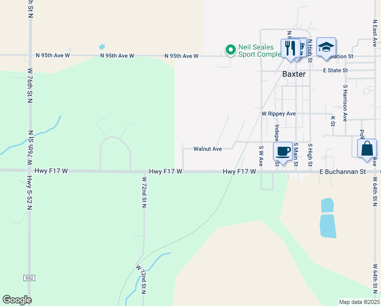 map of restaurants, bars, coffee shops, grocery stores, and more near 424 Walnut Avenue in Baxter