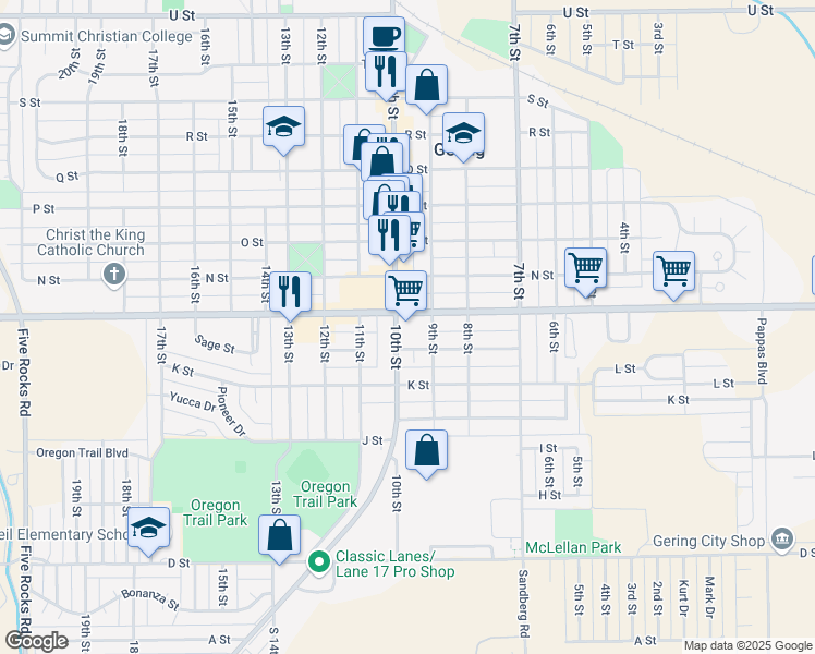 map of restaurants, bars, coffee shops, grocery stores, and more near 1001 Old Highway 92 in Gering