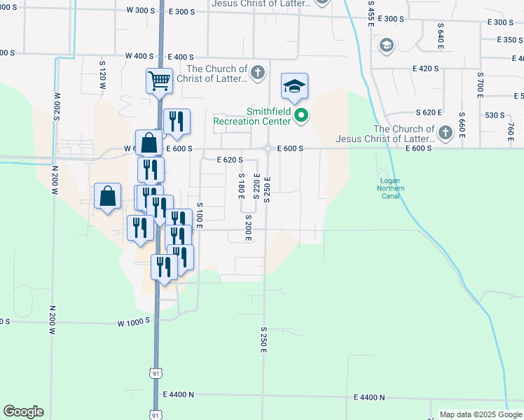 map of restaurants, bars, coffee shops, grocery stores, and more near 754 South 220 East in Smithfield
