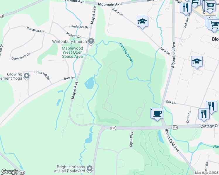 map of restaurants, bars, coffee shops, grocery stores, and more near 43 Bay Hill Drive in Bloomfield