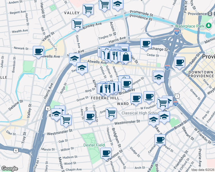 map of restaurants, bars, coffee shops, grocery stores, and more near 99 Vinton Street in Providence