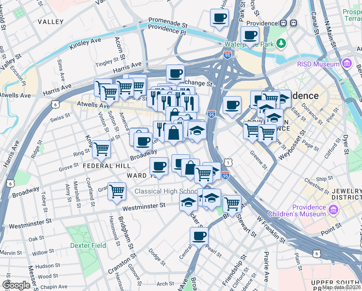 map of restaurants, bars, coffee shops, grocery stores, and more near 159 Broadway in Providence