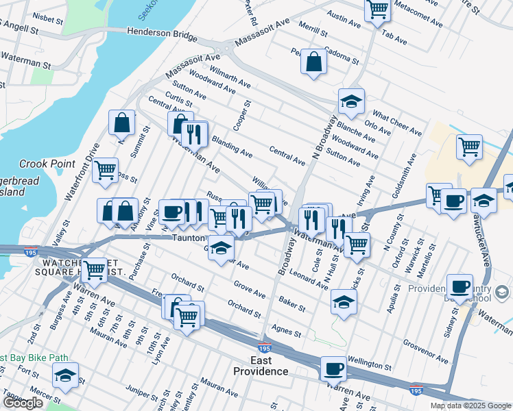 map of restaurants, bars, coffee shops, grocery stores, and more near 220 Waterman Avenue in East Providence