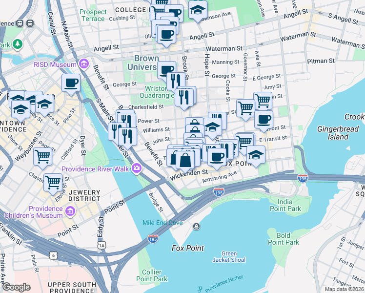 map of restaurants, bars, coffee shops, grocery stores, and more near 31 John Street in Providence