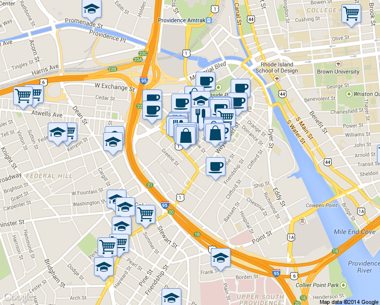 map of restaurants, bars, coffee shops, grocery stores, and more near 387 Westminster Street in Providence