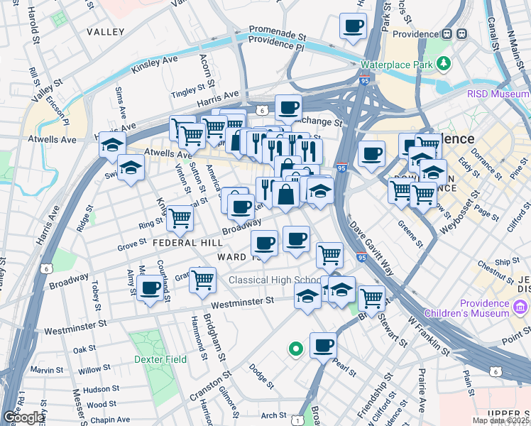 map of restaurants, bars, coffee shops, grocery stores, and more near 16 Pallas Street in Providence