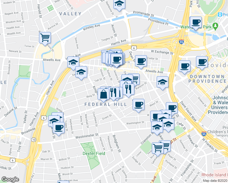 map of restaurants, bars, coffee shops, grocery stores, and more near 125 Sutton Street in Providence