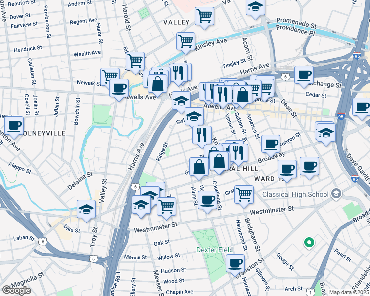 map of restaurants, bars, coffee shops, grocery stores, and more near 92 Tell Street in Providence