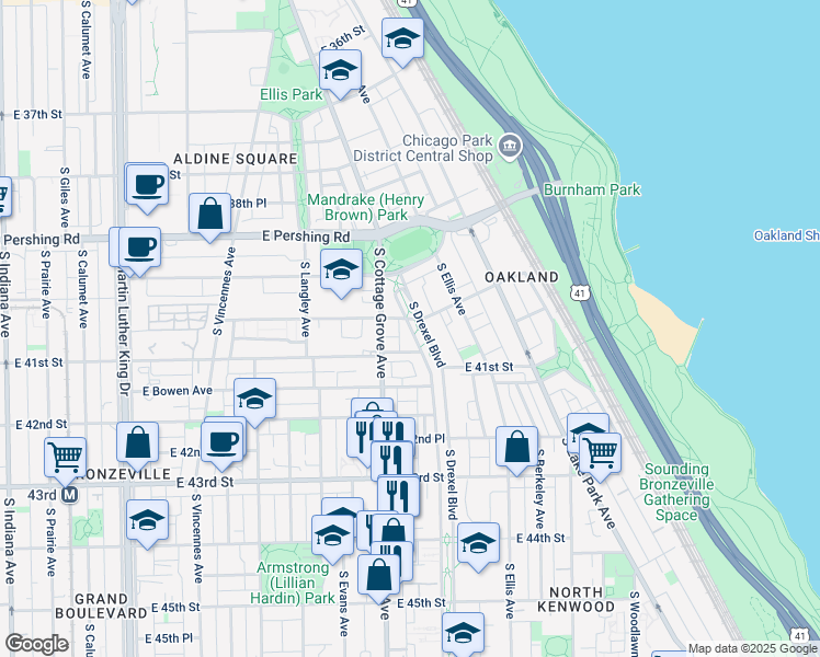 map of restaurants, bars, coffee shops, grocery stores, and more near 817 East 40th Street in Chicago