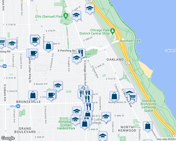 map of restaurants, bars, coffee shops, grocery stores, and more near 817 East 40th Street in Chicago