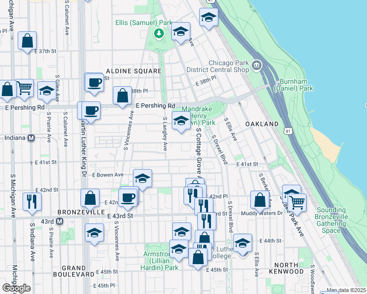 map of restaurants, bars, coffee shops, grocery stores, and more near 757 East 40th Street in Chicago
