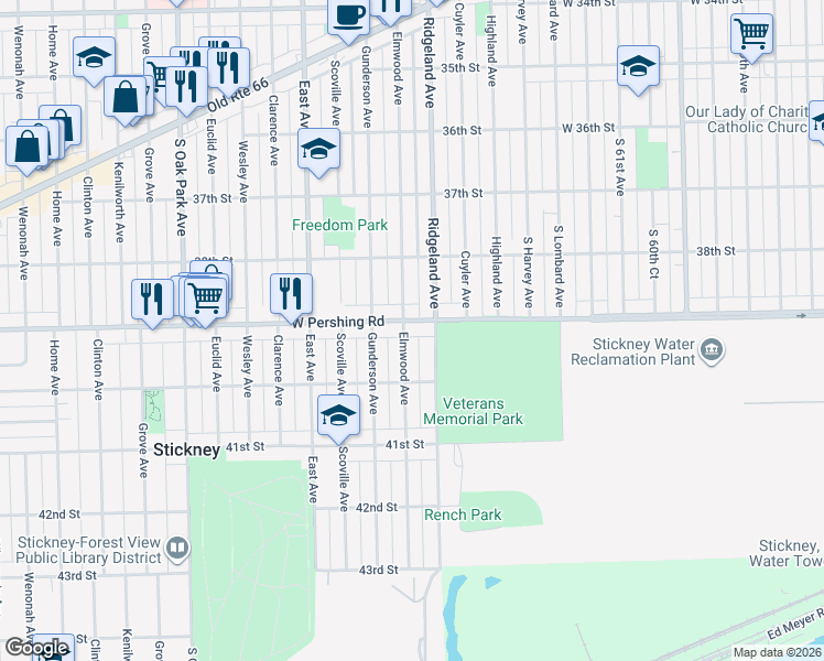 map of restaurants, bars, coffee shops, grocery stores, and more near 3848 Ridgeland Avenue in Berwyn