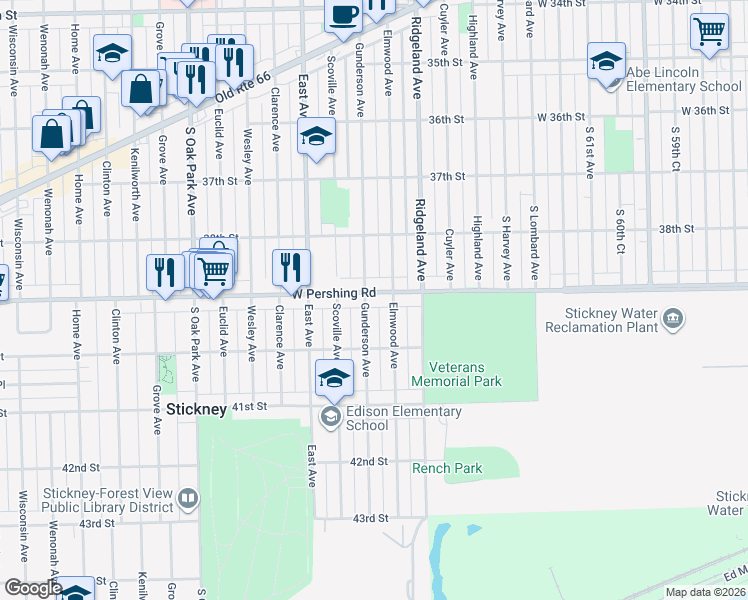 map of restaurants, bars, coffee shops, grocery stores, and more near 6430 Pershing Road in Berwyn