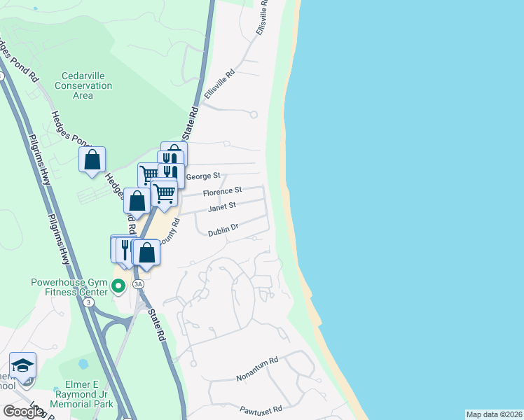 map of restaurants, bars, coffee shops, grocery stores, and more near 26 Janet Street in Plymouth