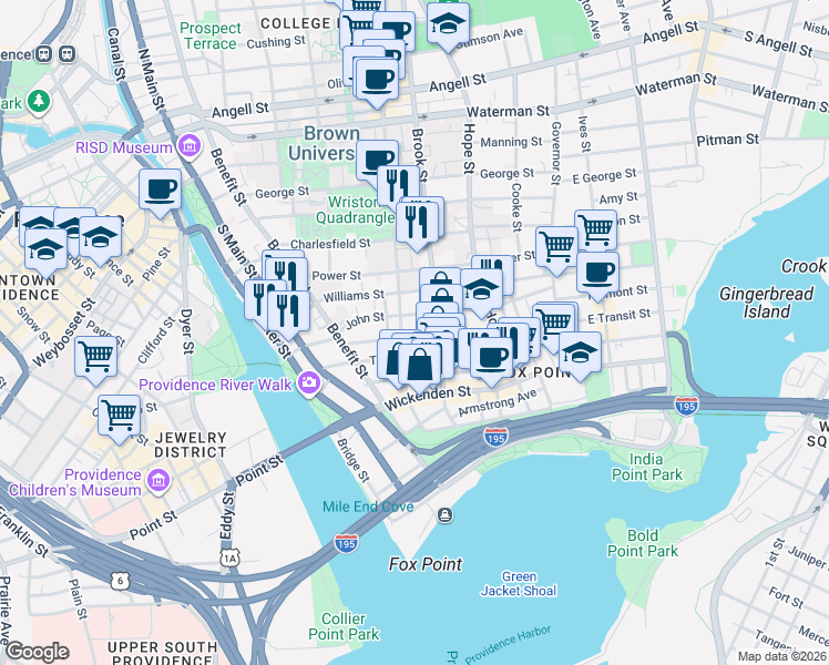 map of restaurants, bars, coffee shops, grocery stores, and more near 31 John Street in Providence