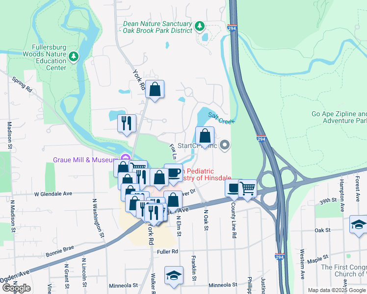 map of restaurants, bars, coffee shops, grocery stores, and more near 1212 Indian Trail Road in Hinsdale