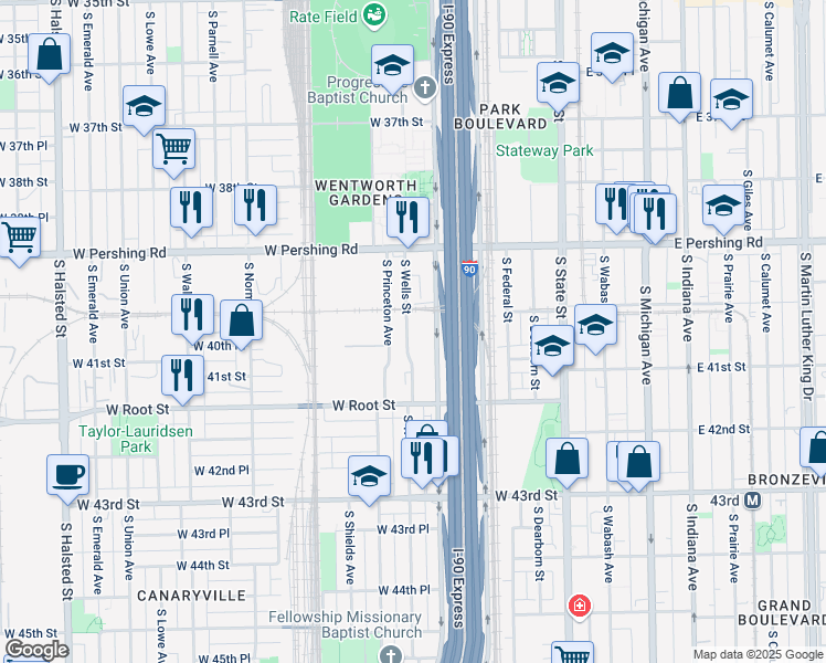 map of restaurants, bars, coffee shops, grocery stores, and more near 4004 South Wentworth Avenue in Chicago