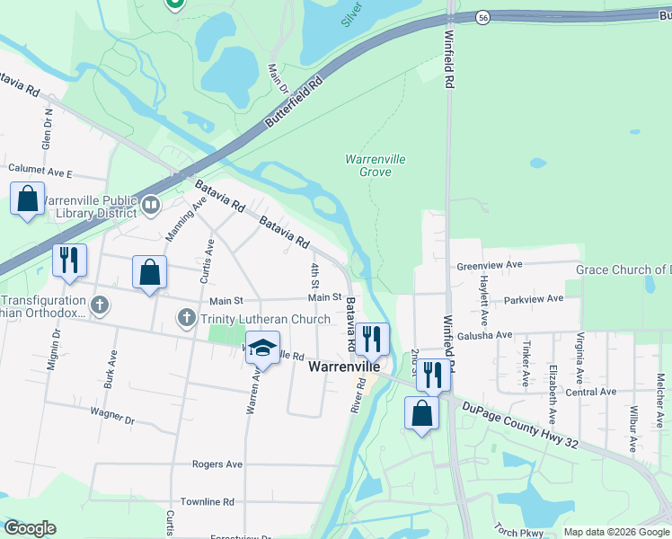 map of restaurants, bars, coffee shops, grocery stores, and more near 28W313 Batavia Road in Warrenville