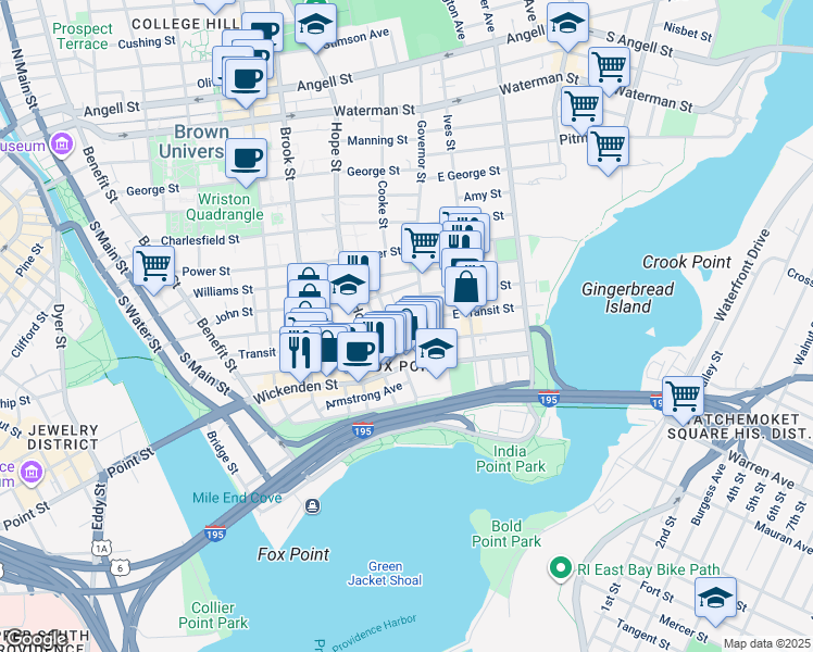 map of restaurants, bars, coffee shops, grocery stores, and more near 248 Transit Street in Providence
