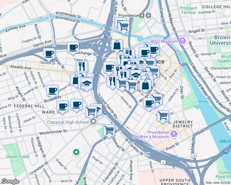 map of restaurants, bars, coffee shops, grocery stores, and more near in Providence
