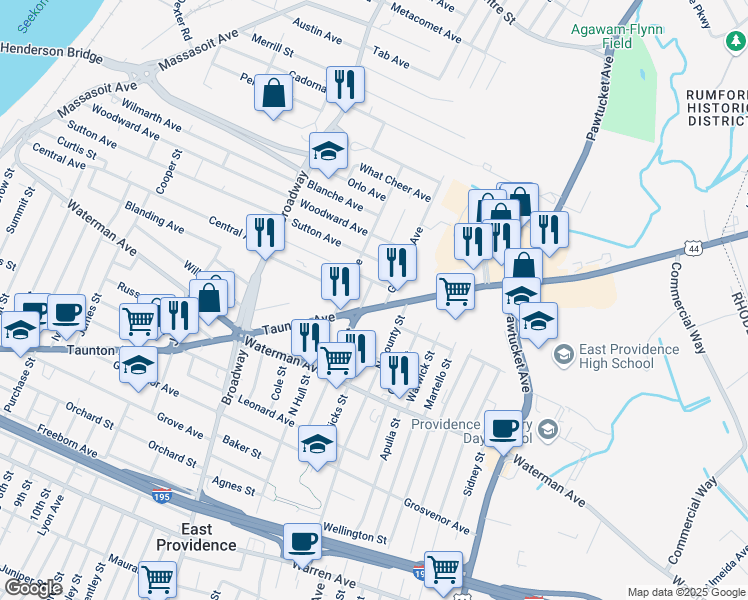 map of restaurants, bars, coffee shops, grocery stores, and more near 460 Taunton Avenue in East Providence