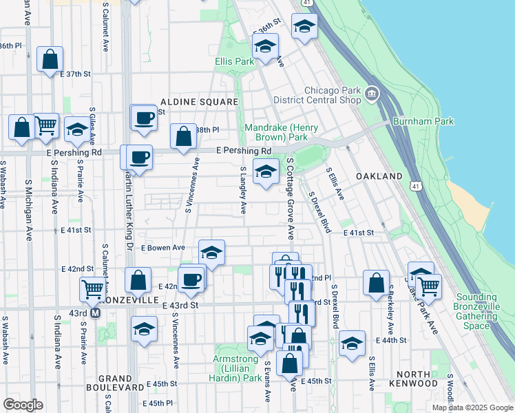 map of restaurants, bars, coffee shops, grocery stores, and more near 714 East 40th Street in Chicago
