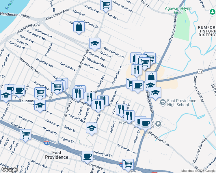 map of restaurants, bars, coffee shops, grocery stores, and more near 460 Taunton Avenue in East Providence