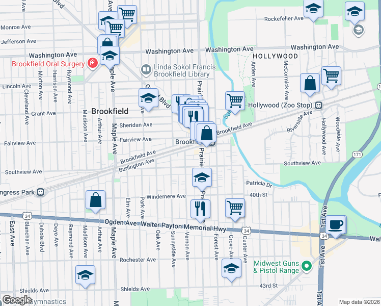 map of restaurants, bars, coffee shops, grocery stores, and more near 8919 Burlington Avenue in Brookfield