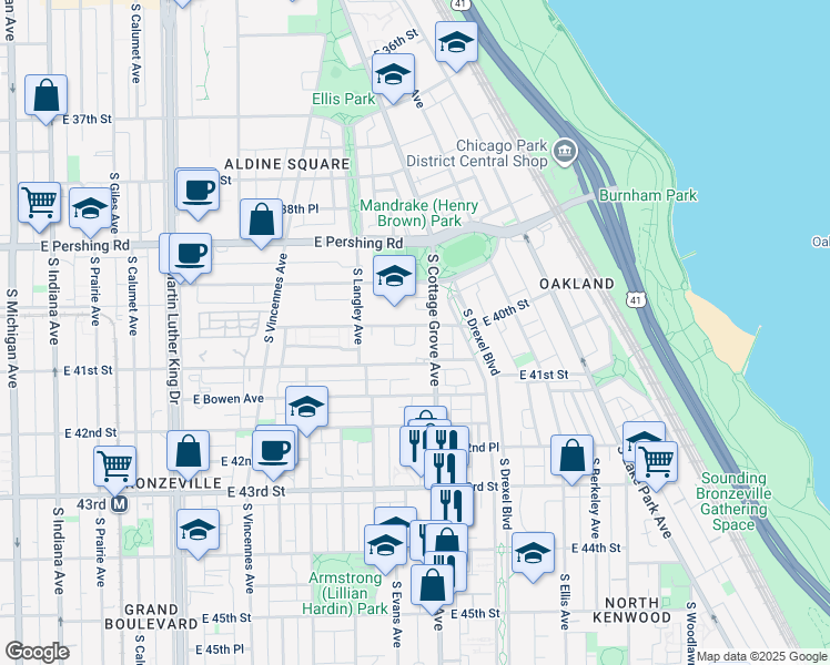 map of restaurants, bars, coffee shops, grocery stores, and more near 757 East 40th Street in Chicago
