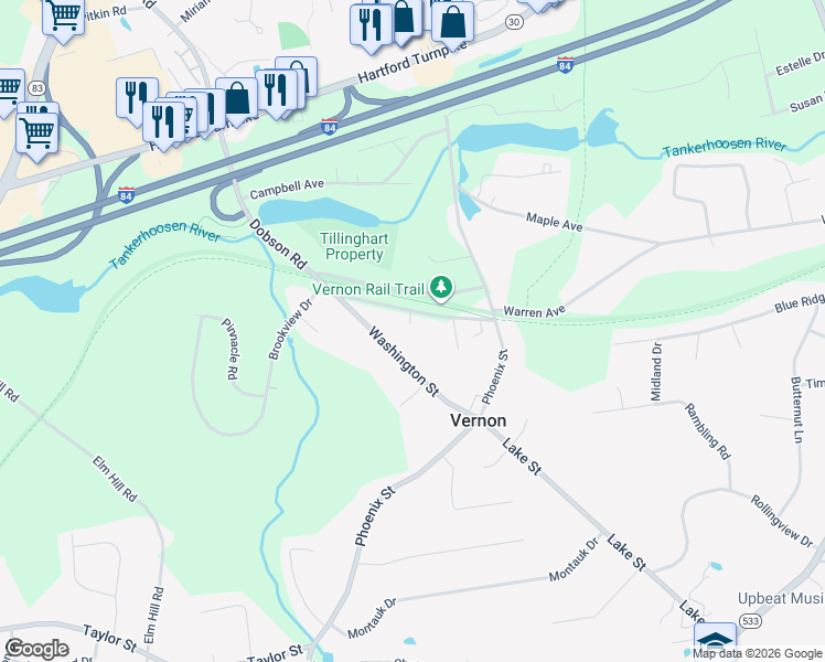 map of restaurants, bars, coffee shops, grocery stores, and more near 50 Church Street in Vernon