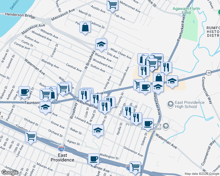 map of restaurants, bars, coffee shops, grocery stores, and more near 460 Taunton Avenue in East Providence