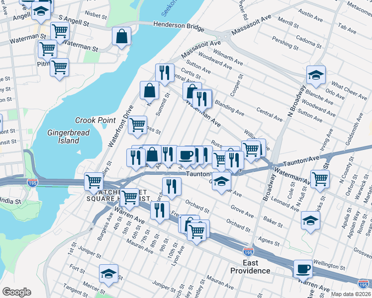 map of restaurants, bars, coffee shops, grocery stores, and more near 71 Vine Street in East Providence