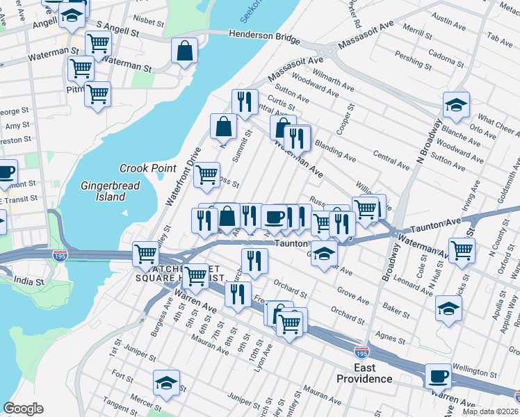 map of restaurants, bars, coffee shops, grocery stores, and more near 71 Vine Street in East Providence