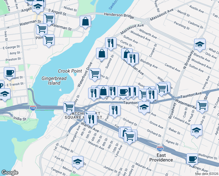 map of restaurants, bars, coffee shops, grocery stores, and more near 66-68 Anthony Street in East Providence