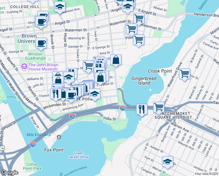 map of restaurants, bars, coffee shops, grocery stores, and more near 57 East Transit Street in Providence