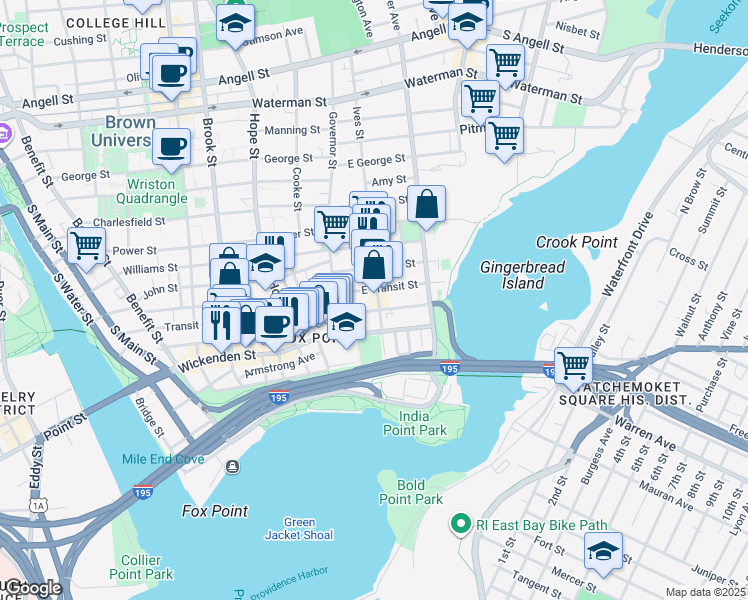 map of restaurants, bars, coffee shops, grocery stores, and more near 27 East Transit Street in Providence