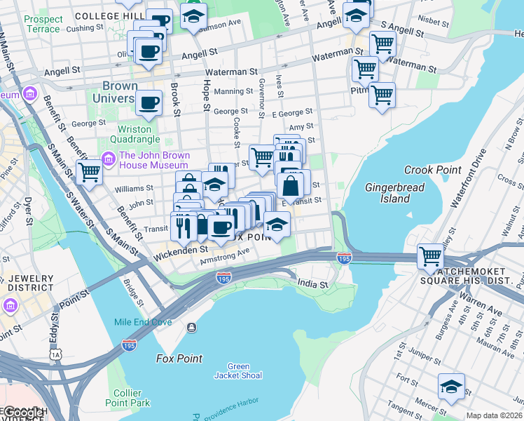 map of restaurants, bars, coffee shops, grocery stores, and more near 44 Governor Street in Providence